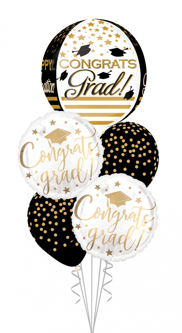 Graduation Balloon Orbz bouquet with gold confetti balloons vancouver